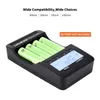 A battery charger with batteries inserted, shown at an angle on a white background. Produktbild-Vorschau