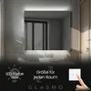 A modern bathroom with a lit mirror above a sink, showcasing the product's features and branding. Produktbild-Vorschau