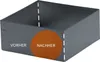 A square metal planter box with text overlays indicating 'VORHER' (before) and 'NACHHER' (after) with a circular orange overlay highlighting the 'NACHHER' section. Produktbild-Vorschau