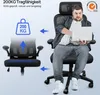 A man is sitting in an office chair while working on a laptop. The image also shows a diagram of the chair with a weight capacity indicator. Produktbild-Vorschau