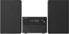 A black stereo system with two speakers and a central unit with a CD player and display. Produktbild-Vorschau
