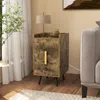 A rustic-style nightstand with a gold handle is placed next to a sofa and a large window with sheer curtains. Podgląd zdjęcia produktu