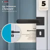 A close-up of a black door handle set on a white and light gray background, with text overlays highlighting features and warranty. Produktbild-Vorschau