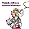 A cartoon illustration of a tired father carrying two children, one on his shoulders and one in his arms, while holding a laptop. Produktbild-Vorschau