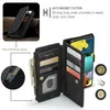 A black wallet-style phone case is shown open, displaying cards and a phone. Text overlays describe features. Produktbild-Vorschau