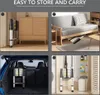 Collage showing a telescopic ladder in various settings: stored next to a dresser, under a sofa, in the trunk of a car, and hanging on a wall. Produktbild-Vorschau