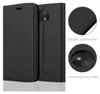 A black flip case for a smartphone, shown from the front and back, with close-up details of the stitching and camera cutout. Náhľad obrázku produktu