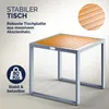 A square table with a wooden top and a gray metal frame, shown in a studio setting with marketing text and icons. Produktbild-Vorschau