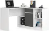 A white and dark gray corner desk with a laptop, books, and storage boxes. Produktbild-Vorschau