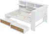 A white bed frame with drawers and a bookshelf headboard, shown from a diagonal angle. Produktbild-Vorschau
