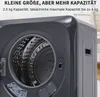 Close-up view of a gray washing machine drum and exterior, with marketing text overlay. Produktbild-Vorschau