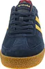 A close-up front view of a blue Gola sneaker with yellow stripes. Produktbild-Vorschau