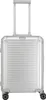A silver aluminum trolley suitcase with a retractable handle and four wheels, presented against a white background. Produktbild-Vorschau