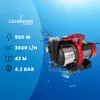 A red and black water pump is shown with water splashing around it, set against a blue gradient background. Text detailing the pump's specifications is displayed on the left side. Podgląd zdjęcia produktu