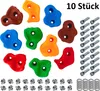 A collection of colorful climbing holds and hardware against a white background. Produktbild-Vorschau