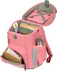 An open pink backpack with various items inside, including notebooks, folders, a water bottle, and a lunchbox with a wooden lid. Voir les images du produit