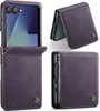A collage of images showing a purple leather flip case for a Samsung Galaxy Z Flip phone from multiple angles. Produktbild-Vorschau