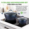 A set of dark blue pots and pans on a black induction stovetop. Anteprima dell’immagine prodotto