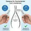 A product image showing nail clippers with annotations and hands demonstrating usage for left and right-handed individuals. Anteprima dell’immagine prodotto