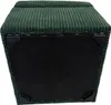 The underside of a dark green corduroy ottoman is shown, with black corner protectors visible. Náhled obrázku produktu