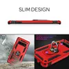 Collage of product images showing a red phone case with a ring holder, highlighting its slim design, shock absorption, and adjustable ring. Anteprima dell’immagine prodotto