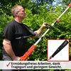 A man is using a long-handled electric hedge trimmer in a garden setting. Produktbild-Vorschau