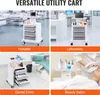 A collage of four images showing a utility cart in different settings: a hospital, a laboratory, a dental clinic, and a beauty salon. Podgląd zdjęcia produktu