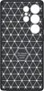 The back of a phone case with a geometric pattern and text. Produktbild-Vorschau