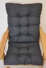 A dark gray cushion for a garden chair, recliner, or rocking chair, shown on a wooden chair frame against a white background. Produktbild-Vorschau