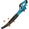 A teal and black leaf blower is shown against a white background, with animated leaves blowing out of the nozzle. Produktbild-Vorschau