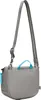 A gray crossbody bag with blue accents, shown from the back with the strap attached. Produktbild-Vorschau