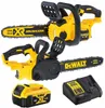 A collage of DeWalt battery-powered chainsaws, batteries, and a charger. Voir les images du produit