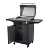 A black gas grill with the lid open, showing the cooking grates. The grill has side shelves and a storage compartment with the door open. Produktbild-Vorschau