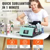 A woman is using a sublimation heat press machine to print designs onto tumblers. There are several decorated tumblers on a table next to the machine. Produktbild-Vorschau