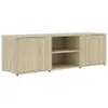 A front view of a long, low TV stand with two cabinets on the sides and open shelves in the middle. Náhled obrázku produktu