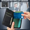 A person's hand is inserting a credit card into a wallet-style phone case, with a blurred background of people in a business setting. Produktbild-Vorschau