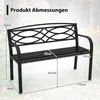A diagram showing the dimensions of a black metal garden bench. Podgląd zdjęcia produktu