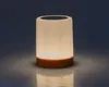 A table lamp with a wooden base and a frosted glass shade. Voir les images du produit