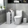 A bathroom scene with a toilet, a narrow storage cabinet, and a trash can. Podgląd zdjęcia produktu