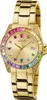 A close-up studio shot of a gold Guess watch with a rainbow-colored bezel. Produktbild-Vorschau