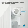 Close-up of a white radiator bracket attached to a radiator pipe, with text and measurement indicators. Produktbild-Vorschau