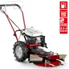 A red and silver rotary mower with large wheels and a gasoline engine, presented on a white background with informational graphics on the right. Produktbild-Vorschau