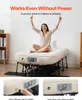 A woman sits on an inflatable mattress on a stand, with close-up views of the inflation valve. Podgląd zdjęcia produktu