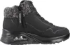 A side view of a black Skechers boot with a gray knit collar. Voir les images du produit