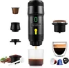 A collage of a portable espresso machine with its accessories and a cup of coffee. Produktbild-Vorschau