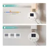 Two images showing a radiator thermostat with digital displays and feature callouts. Produktbild-Vorschau