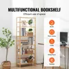 A multi-shelf bamboo bookshelf is shown with various items displayed on its shelves, alongside a marketing graphic highlighting its multifunctional uses. Anteprima dell’immagine prodotto