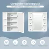 A product image showing two white bathroom cabinets, one open to reveal shelves and the other closed with a mirror. Below the cabinets are icons representing various bathroom items. Produktbild-Vorschau