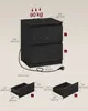 Diagrams showing the dimensions of a black nightstand and its drawers, along with weight capacity and cord length. Produktbild-Vorschau