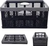 Three views of a foldable storage crate: one fully assembled and upright, one folded flat, and one assembled and viewed from the side. Produktbild-Vorschau